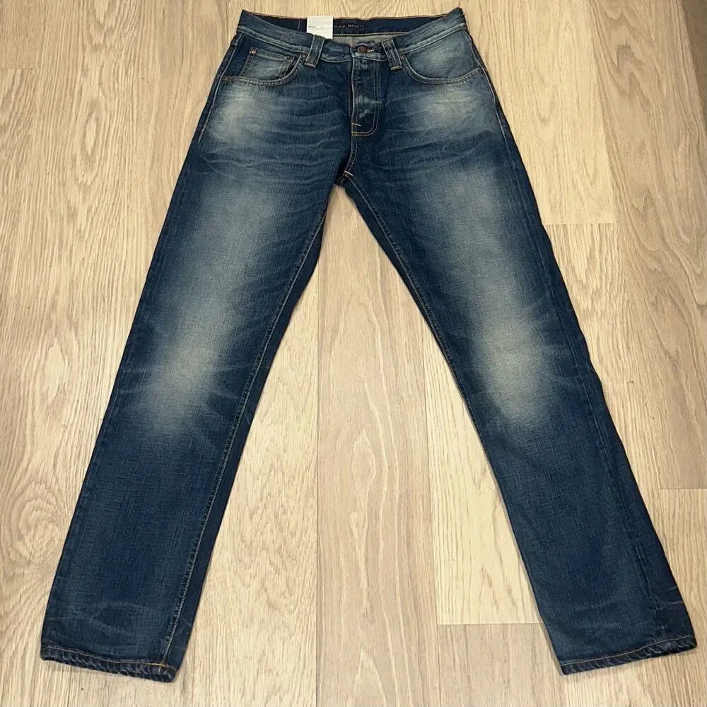 NWT Nudie Jeans Steady Eddie Smokey Indigo Blue 31x32 Faded Whiskering